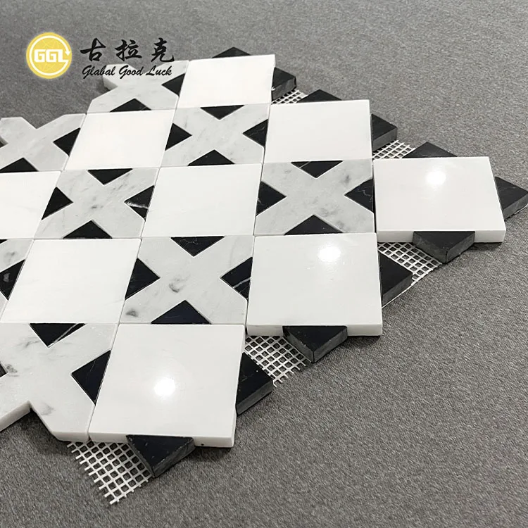 Wholesale Kitchen Bedroom Wall Floor Mosaic Tile White Mixed Black Marble Waterjet Mosaic Tile for Interior Decor factory