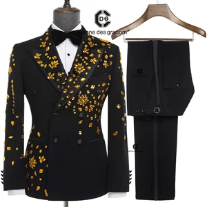 Cenne Des Graoom 2026 New Elegant Luxury Men Suits Black Gold Double-Breasted Jewelry Ornament Shining Tuxedo for Wedding Par