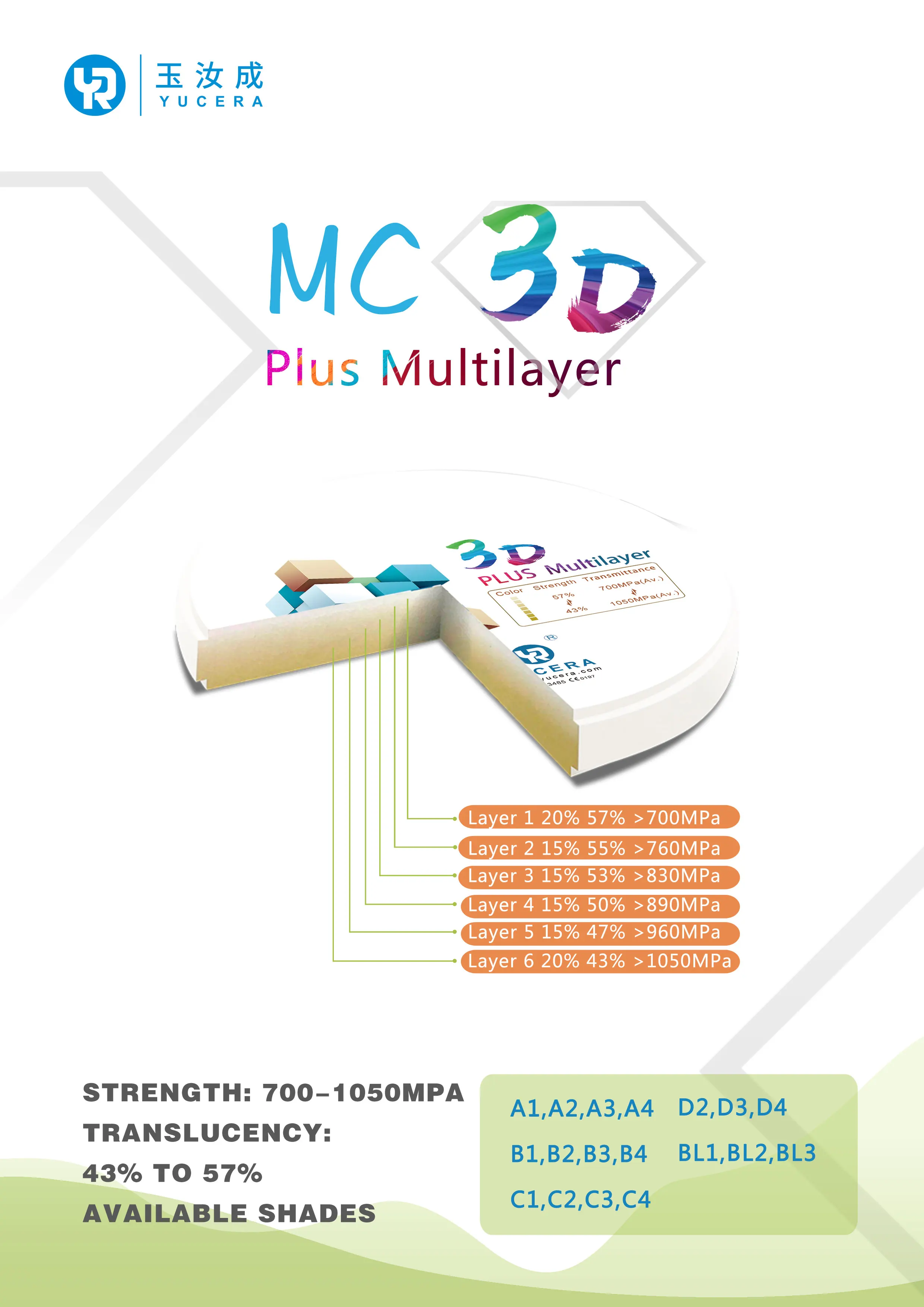 Yucera 3D Pro Multilayers Zircon Blocks for Zircon Zahn Dental Cad Cam Milling Machine