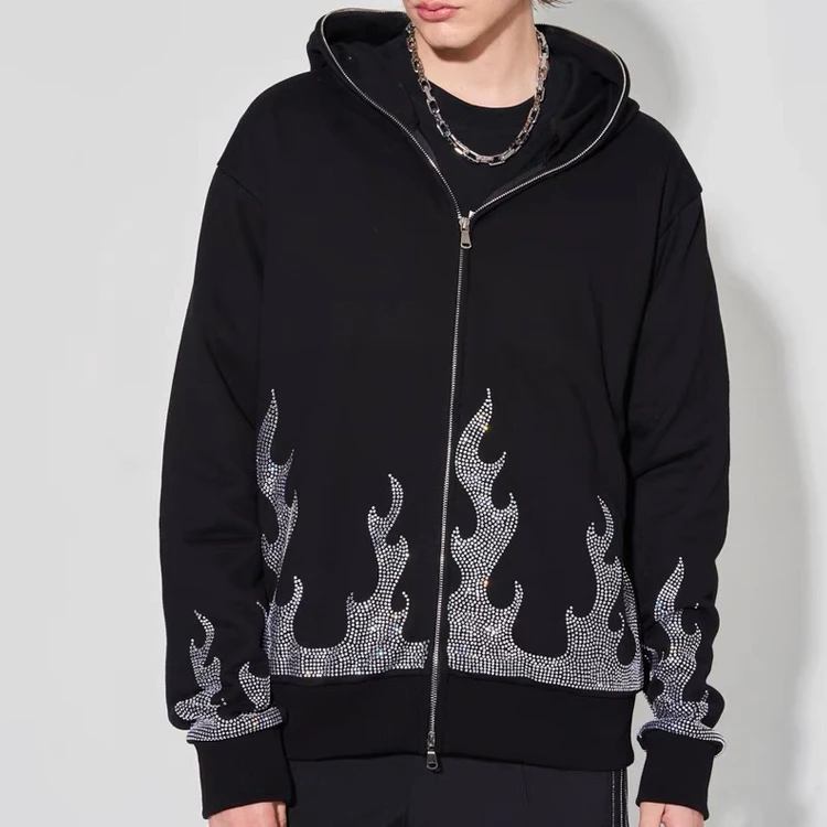 Custom Streetwear Oversized Men's Zip Up Hoodie with Flame Rhinestone Design 330grams French Terry Fabric