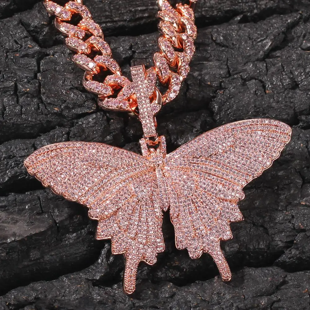 Pink Butterfly Necklace Bling Women Rapper Jewelry
