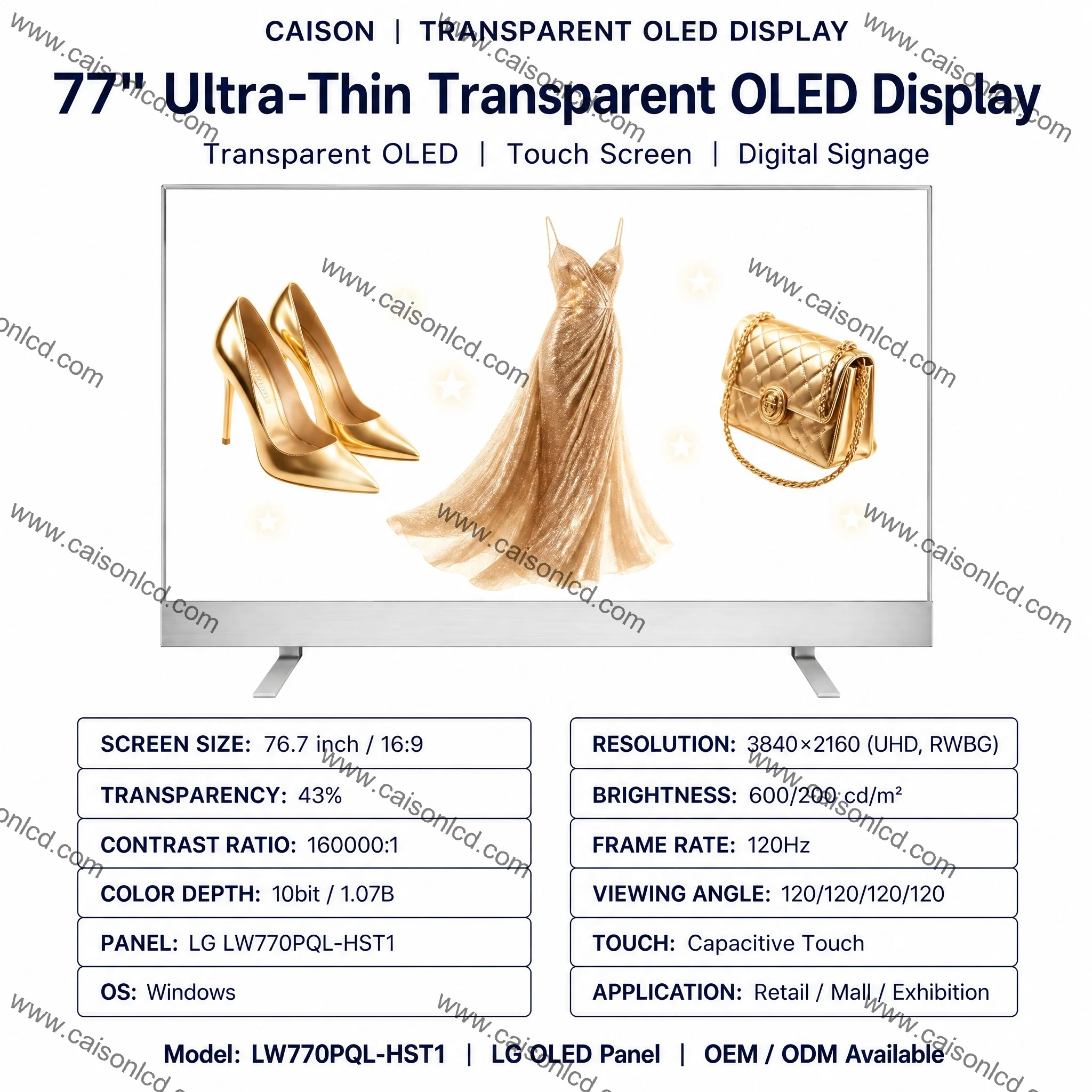 product 77 inch ultra thin see through transparent oled touchscreen display animation support for shopping mall use 120hz 4k resolution-1