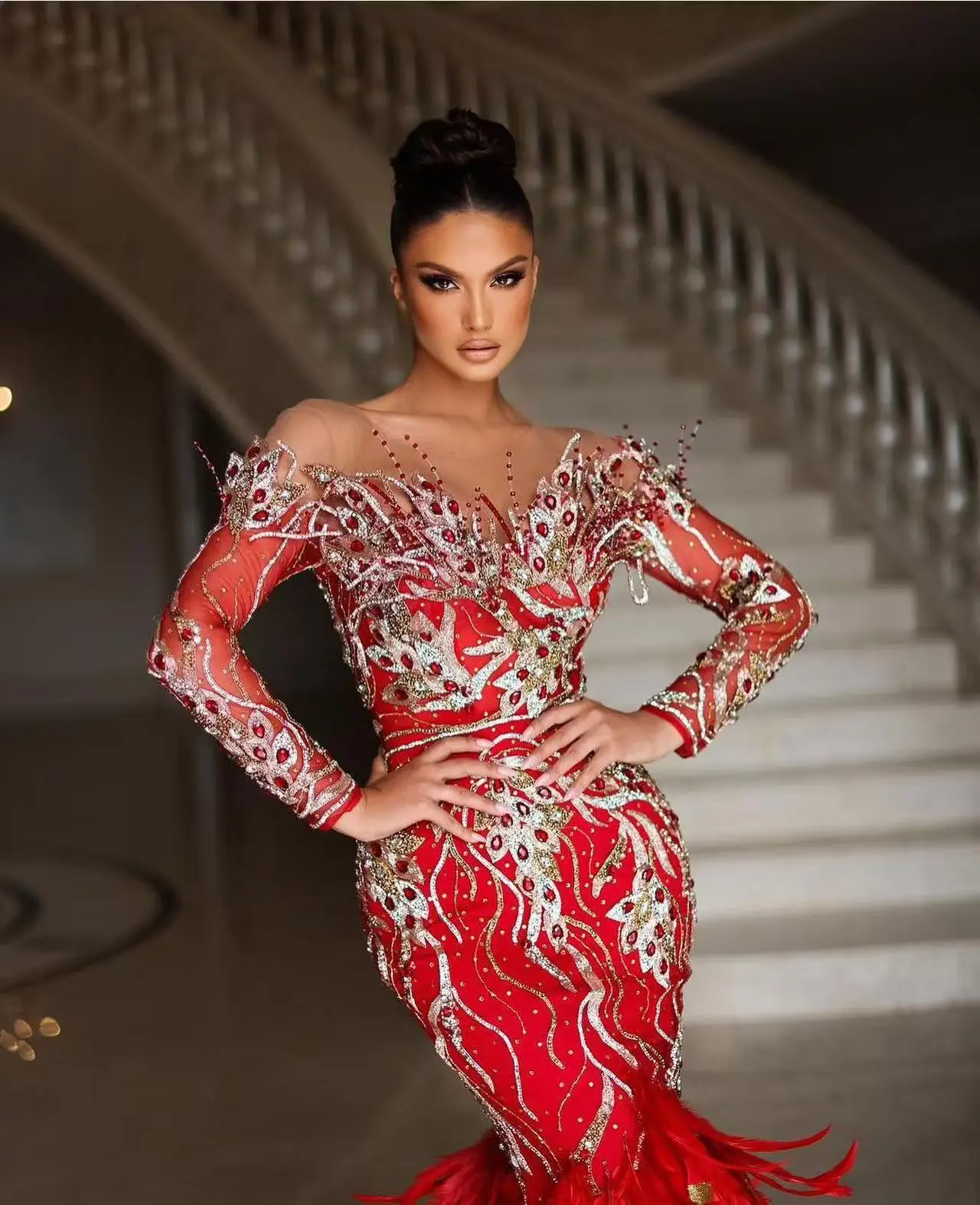 Luxury Red Feathers Mermaid Prom Dresses - Customized Elegance