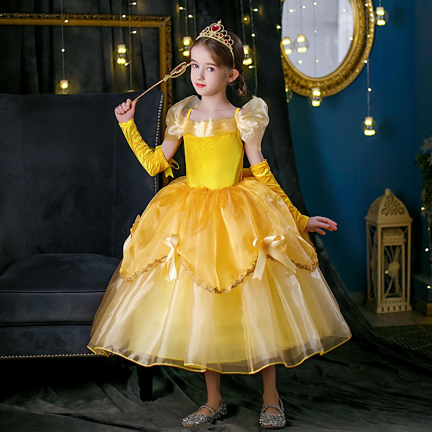 strapless open back dress Floor Length Princess Dress with Fabric Flowers and Tiered Skirt for Girls | Green / 2-3 Years (100cm)
