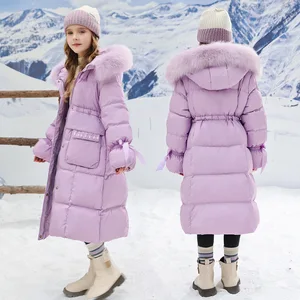 Custom Girls Padded Winter Warm Coat Puffer Jacket Hooded Long Coat Drawstring Waist Outerwear Faux Fur Trim Clothes for Kids