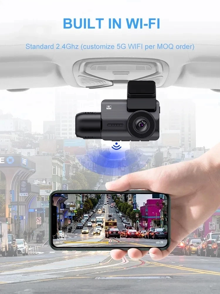 2024 New Arrival 4K IPS Screen Dual Lens Dash Cam WiFi GPS Car DVR Video Recorder Dashcam with Front inside & Back Features
