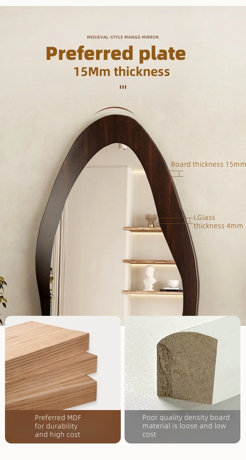 Solid wood base MDF frame full size standing floor home decor retro style long mirror living room salon mirror spiegel espejo