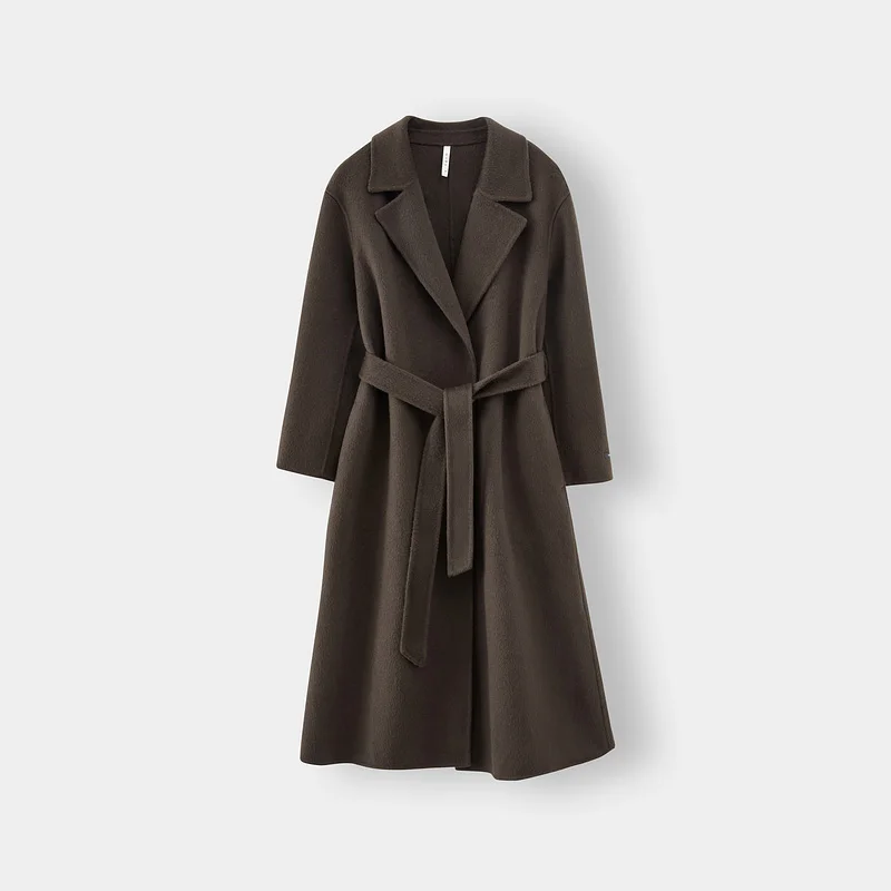 2025 Spring New Elegant Belted Long Cashmere Coat Loose Turn Down Collar Water Ripple Korea Wool Coat Ladies