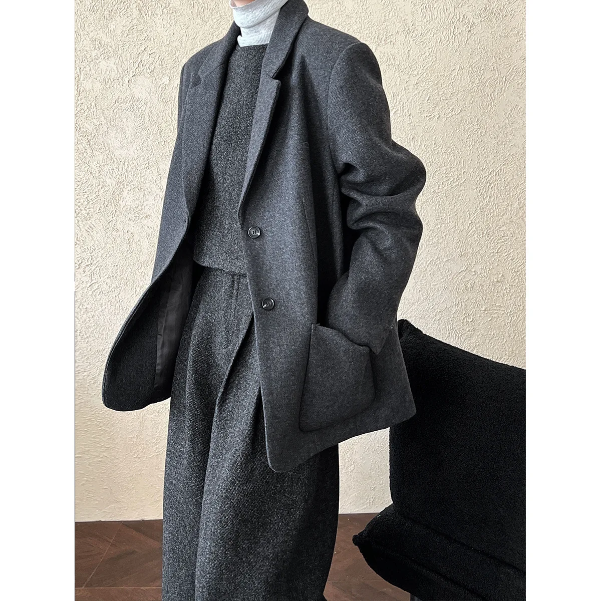 Women's 50% Wool Blazer 2025 New Autumn/Winter Long Sleeve Casual Solid Woolen Woven Single Button Jacket