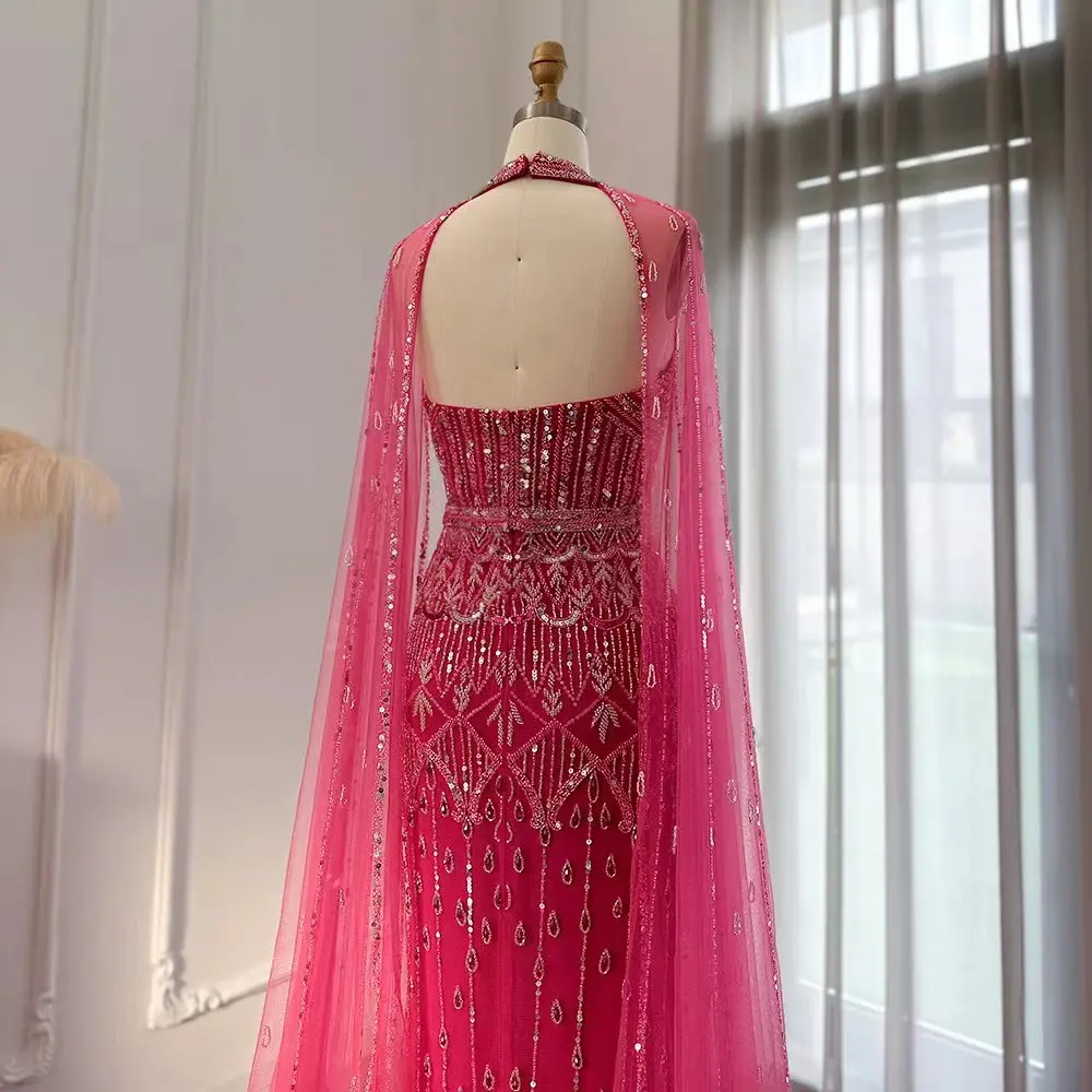 Jancembr LSCZ236 Luxury Light Pink High Neck Cape Sleeve Sequins Beading  Illusion Backless Prom Evening Dress