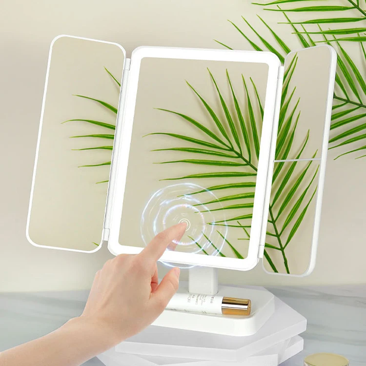 Factory Wholesale Folding 360 Degree Rectangle White Desktop Mirror Trifold Table Mirror Led Light up Mirror
