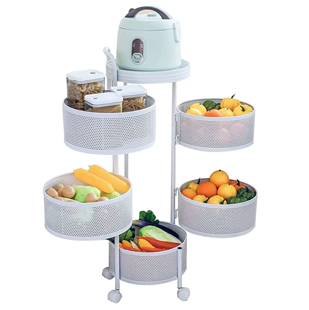 5 Layers Kitchen Multi-Layer Rotating Trolleys Living Fruit Vegetable Storage Rack