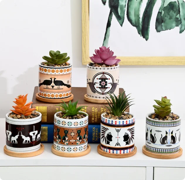 3 Inch Succulent Pot Planters Cylinder 6 Pack Ceramic Pots Mandala  Multicolor Cactus Pot Drainage Holes Bamboo Trays