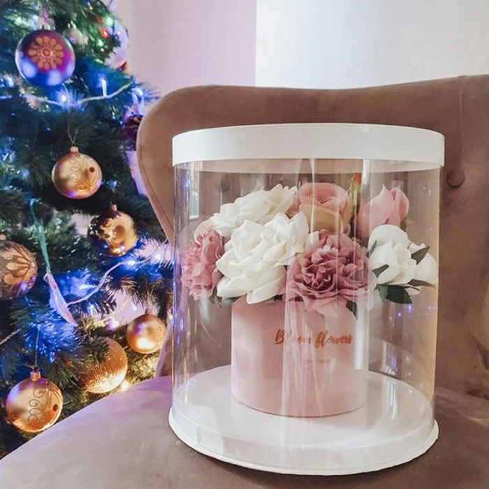 Luxury Custom PVC Rose Gift Box Round Paper Flower Display Packaging Box With logo Transparent Round Flower Box