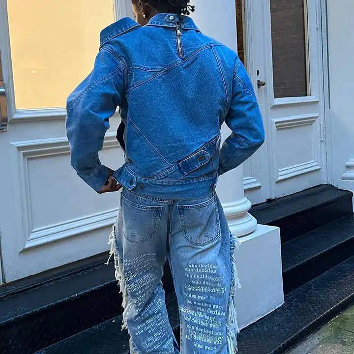 Salati New Arrival Fashion Washed Printing Denim Jacket Set Blue Jeans Pants Sets Streetwear Custom Two Piece Jeans Suit for Men gallery 3