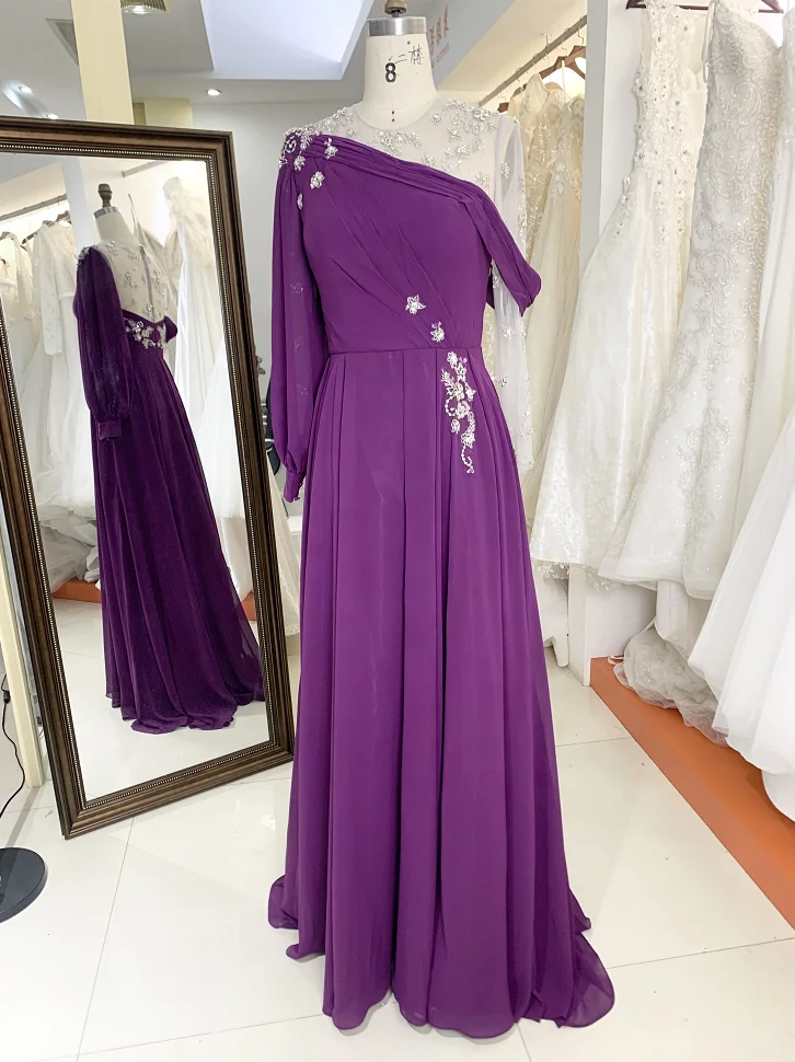 Abito da sera da donna a manica lunga in Chiffon viola melanzana