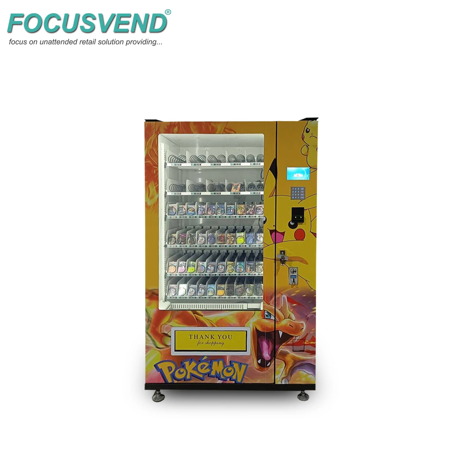 Focusvend Self Service Automatic Pokemon Trading Card Vending Machine TCG  Toy Game Card Lift SDK Coin ADA Compliant Digital