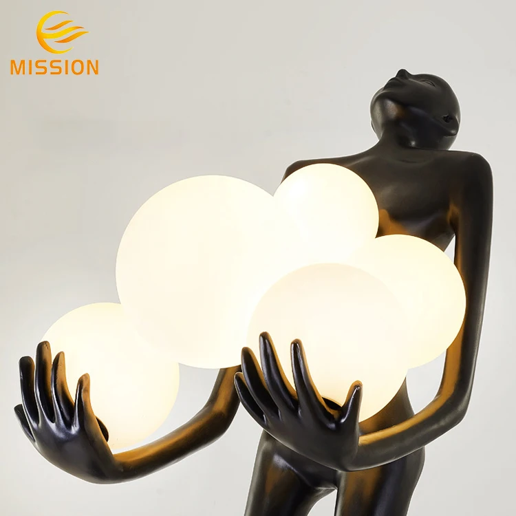 Modern Art Deco LED Resin Man Woman Glass Ball Sculpted Floor Lamp for Living Room Corner Decoration Stand Alone Standing Lamp