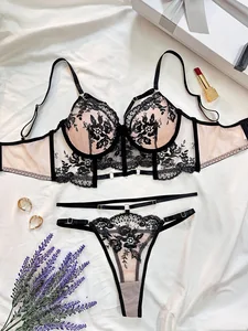 2026 Euro-American Style Fashion French Sheer Embroidered Hot Girl Crop Top Underwire Push-Up Sexy Lingerie Set