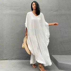 Plus Size Women Beach Dress Rayon Kimonos Coverup White Beach Kaftans
