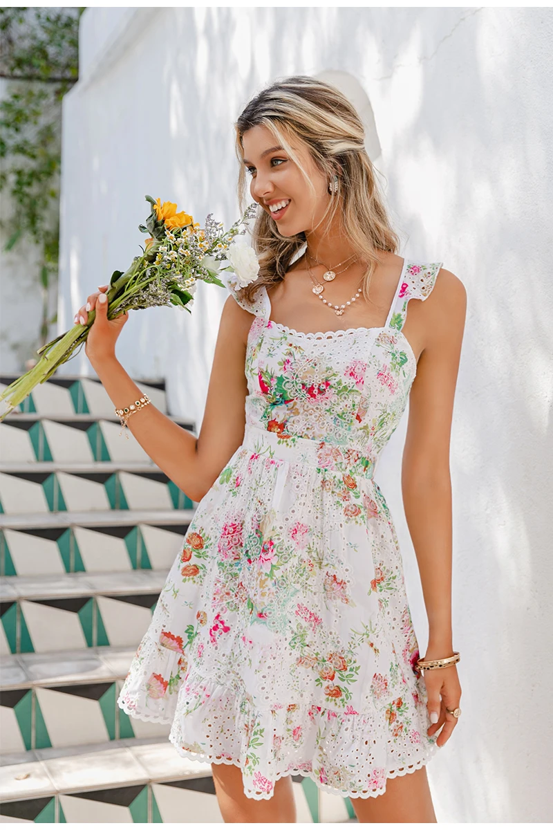 GIJK Spaghetti Strap Mini Dress for Women Summer Sleeveless Deep V-Neck Crisscross Backless Sundress Floral Print Cami Dress 