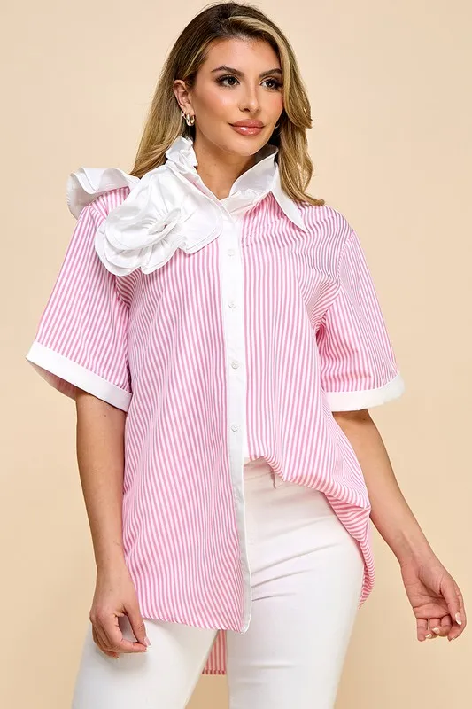 Ladies Striped Solid Color Fabric Casual Shirt - Image 2