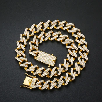 JWY Mens 12mm Diamond Prong Cuban Link Chain Necklace Hip Hop Jewelry Gold Plating Factory Wholesale Featuring Zircon Main Stone