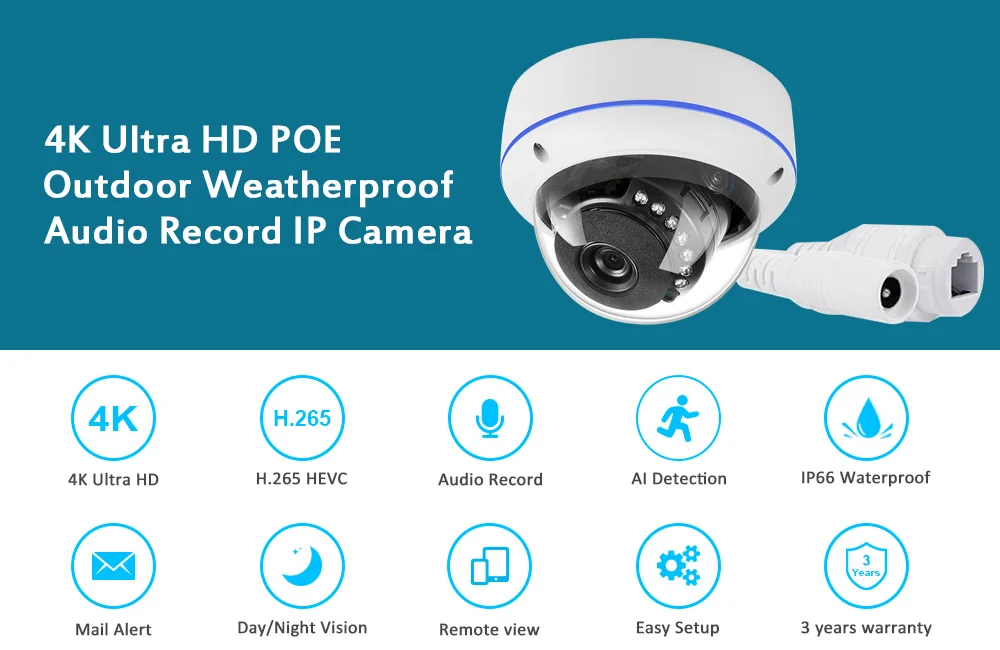 Caméra De Surveillance Dôme IP POE 4MP - Intérieur/extérieur, Vision Nocturne - Neuf