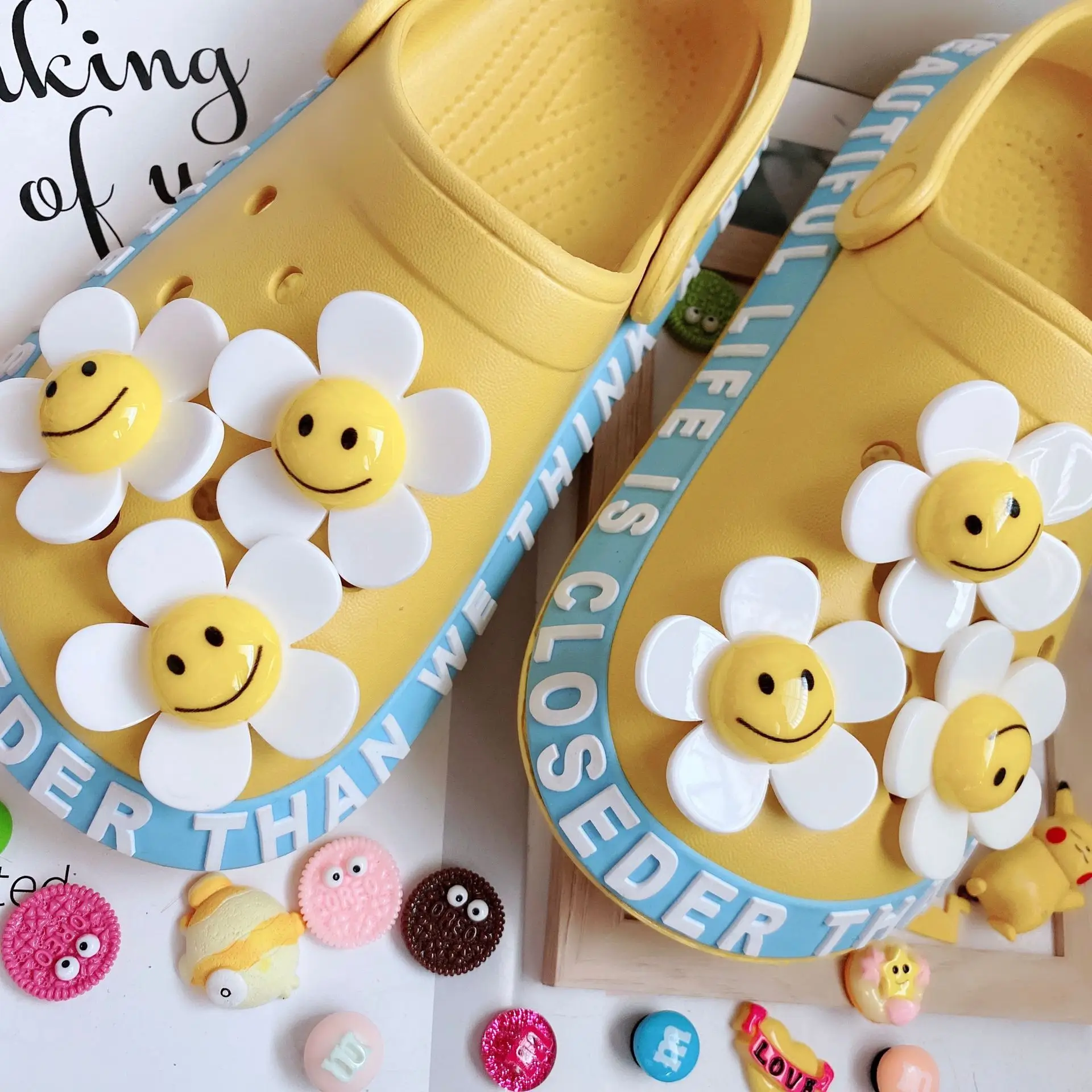 Ins Style White Daisy Smiley Face Sunflower Plumeria Rubra Hole Shoes ...