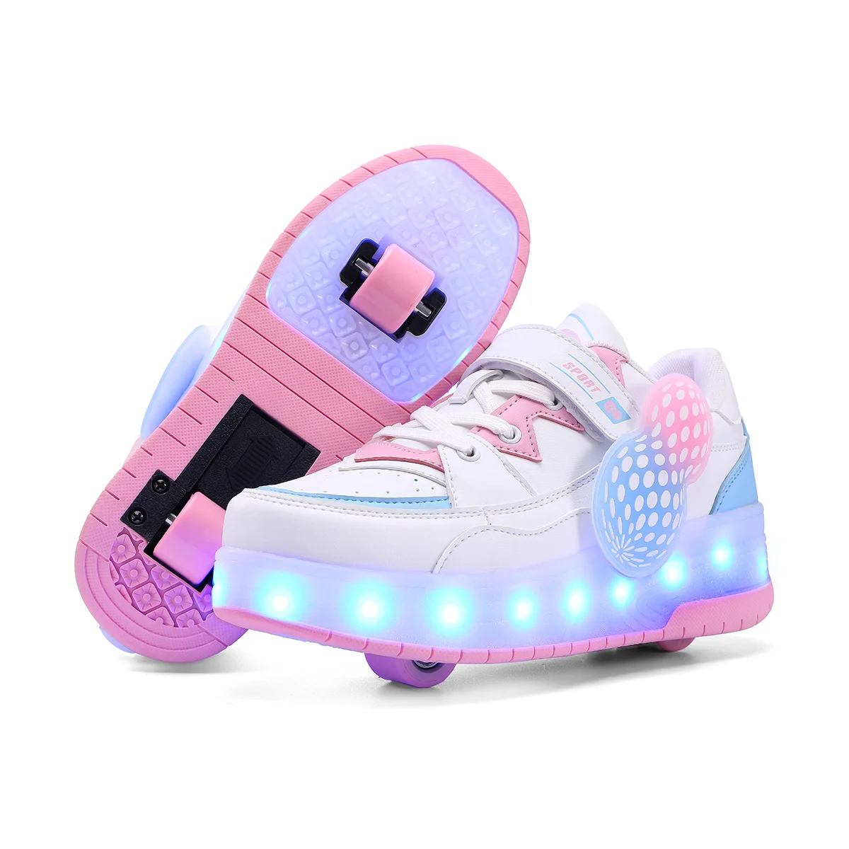 Chaussures à Roulettes LED Enfant – 7 Couleurs + Ailes, Roues Rétractables, Baskets Lumineuses Garçons Filles