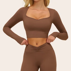 Square Collar High Elastic Tight Slim Sport Comfortable Yoga Long Sleeve Crops Top for Woman