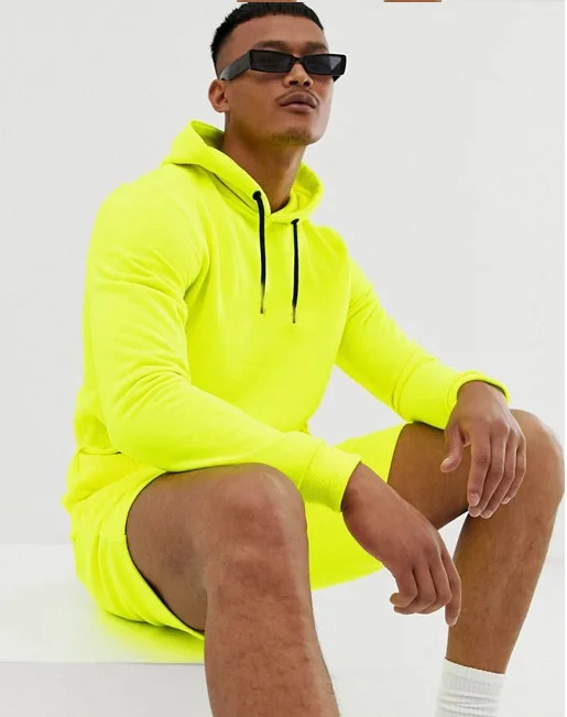 Neon Yellow Color Track Suit Athletic Clothing Men Two Piece Short Men s  Hoodie Set Blank