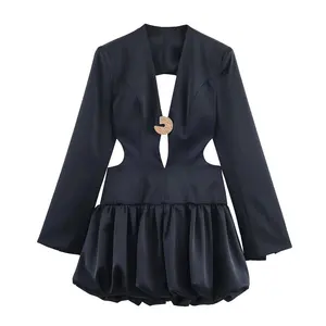 New Style Mini Dress Women Sexy Black Dresses Satin Solid Backless Bob Mini Dress