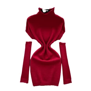 Customize Autumn Casual Elegant Turtleneck Slim Fit Breathable Sustainable Knitting Midi Empire Dress for Women