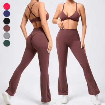 New Arrival Quick Dry Nude Women Yoga Suit Sexy Bra Custom Logo Scrunch Butt Flared Leggings Pants Workout Gym Fitness Yoga Sets