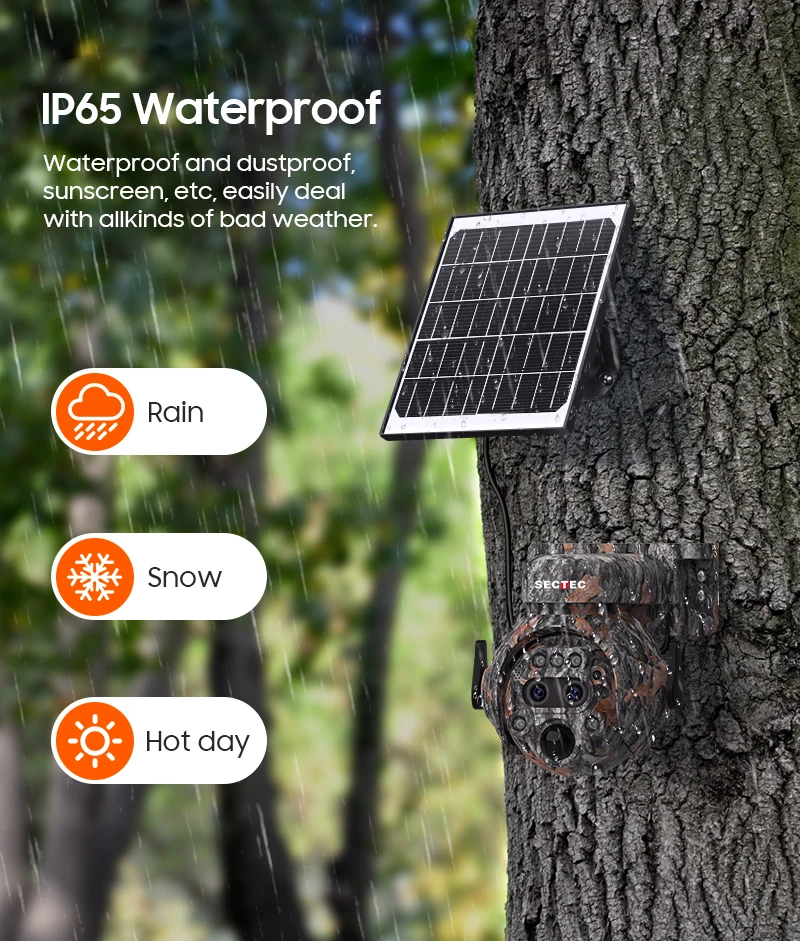 SECTEC Mini 12X Zoom Maple Leaf Camouflage 4G Sim Card IP66 Solar Powered Battery PIR Solar Power Hidden Solar Camera