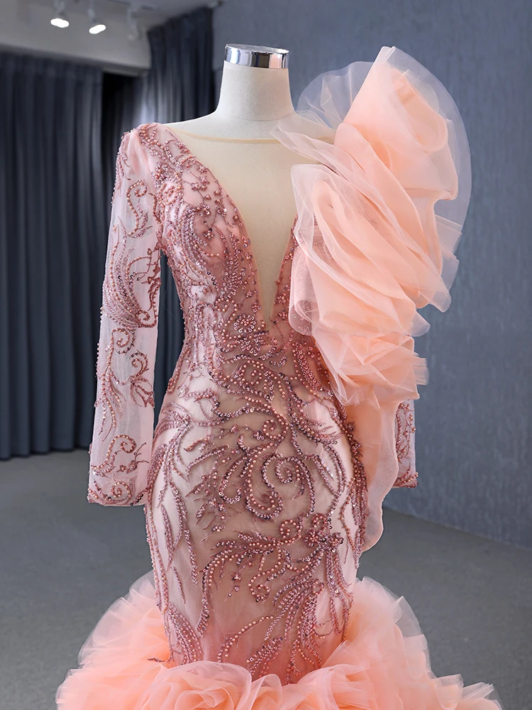 pink and silver dress for wedding Sparkly Blush Pink Silver One-shoulder Side-slit A-line Long Prom Dres   SposaBridal