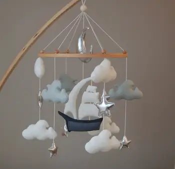 wholesale handmade plush stuffed sailboat crib cot felt baby mobiles with stuffed cloud star musical toys baby crib mobiles