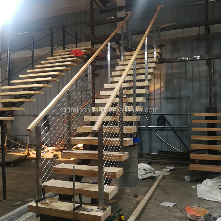 Decorative Double Stringer Straight Stairs with Cable Railing and Oak Treads
