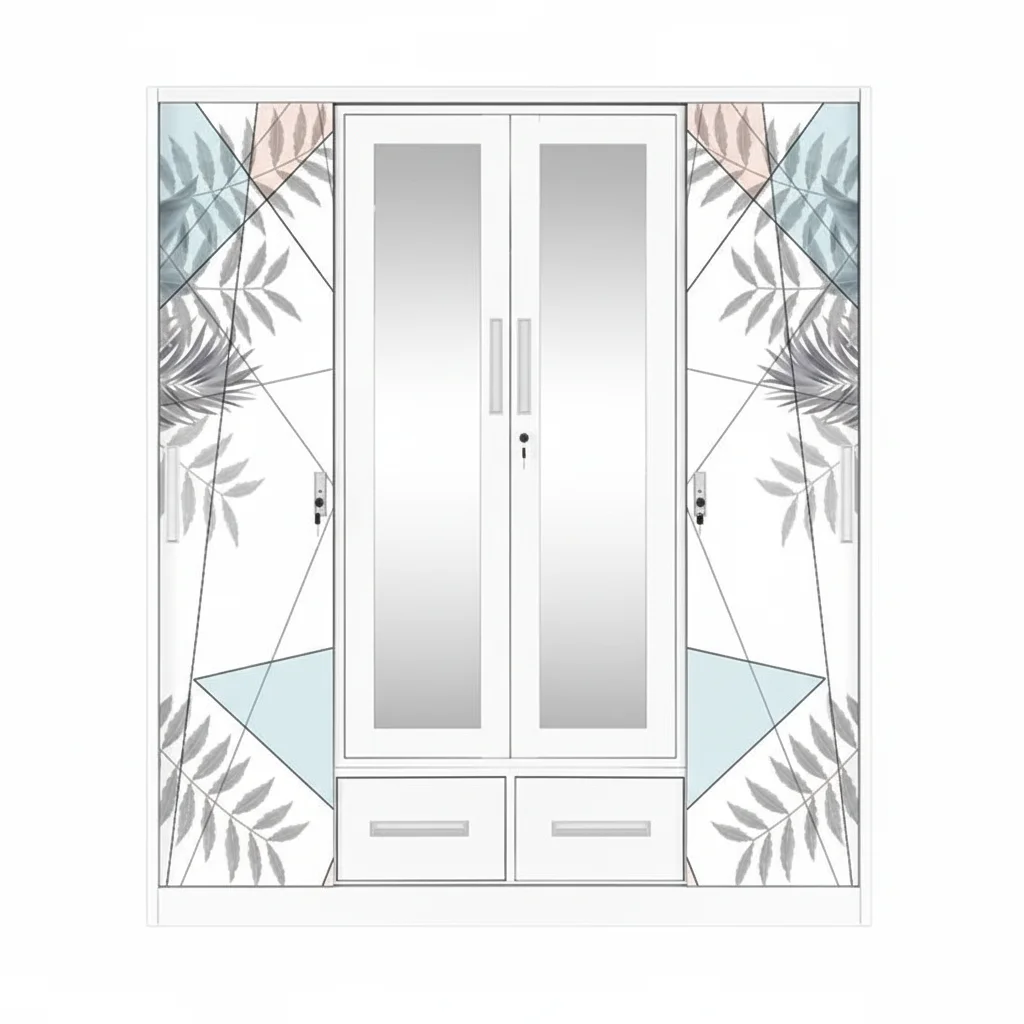 Stylish Printed 4 Door Sliding Wardrobe with Dual Drawers for Bedroom Storage