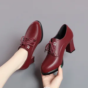 2026 New Women's Spring Autumn Lace-Up High-Heeled Shoes Middle-Aged PU Upper Mixed Colors Thick Super High Height Increasing