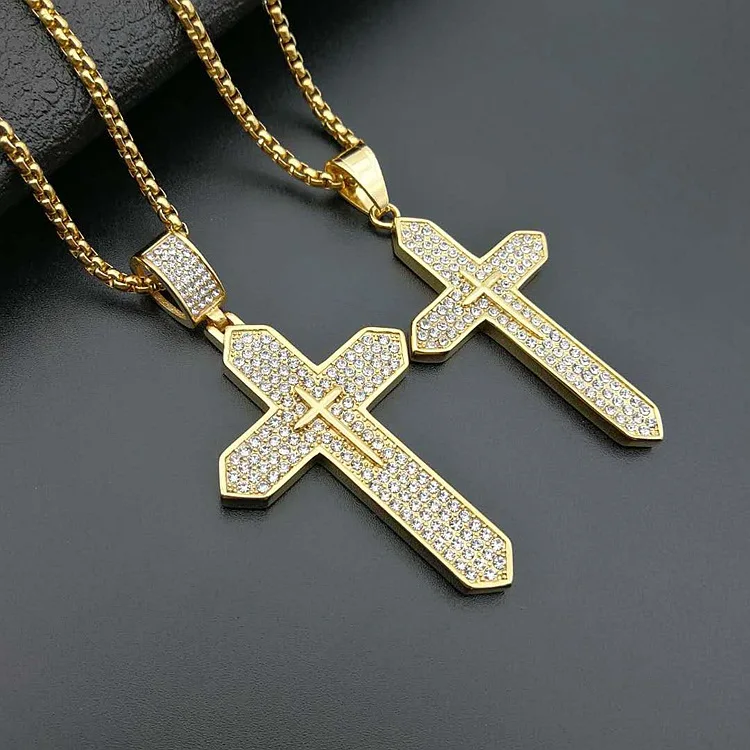 High Quality Cut Design Hip Hop Gold Plated Stainless Steel Rhinestone Crystal Stone Jesus Cross Pendant Necklace Women Men