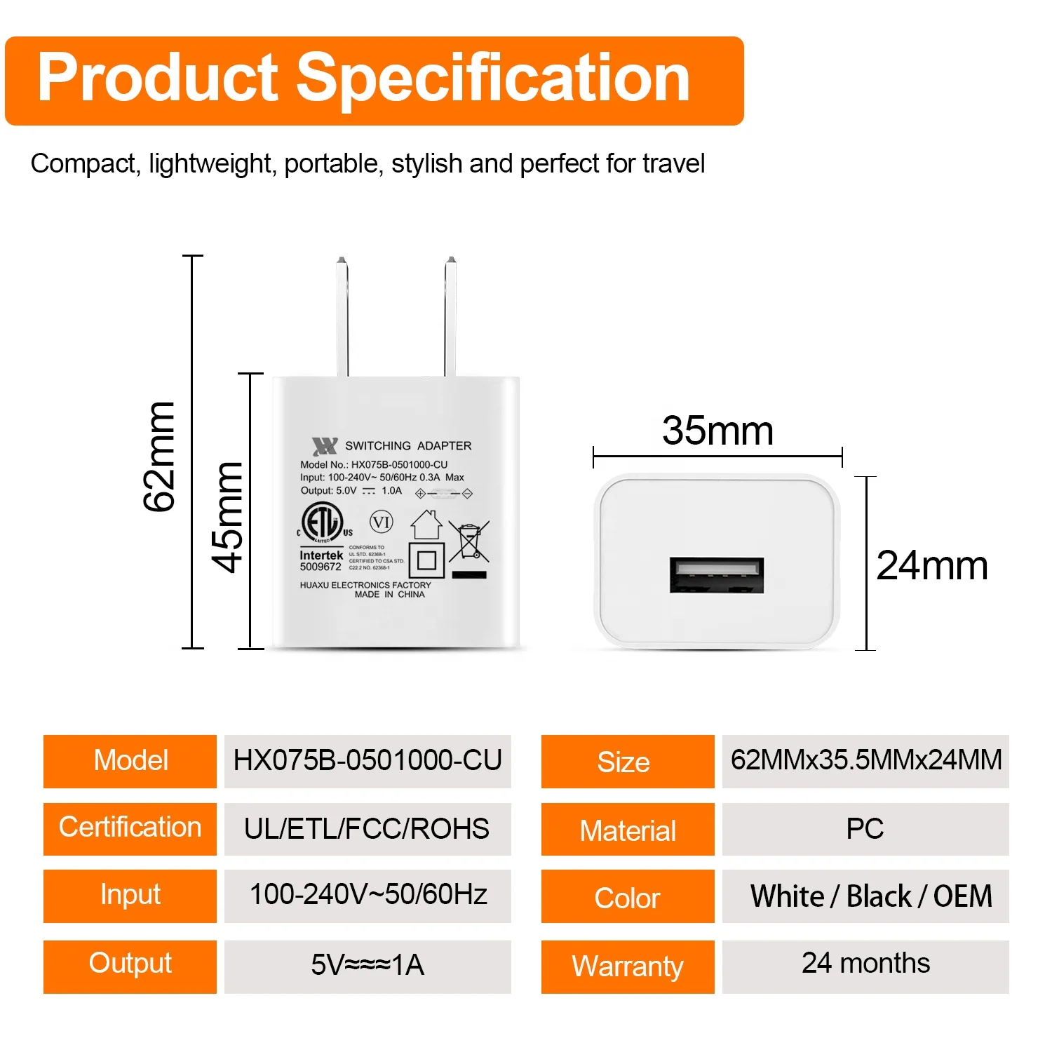 ETL FCC сертифицированные настенные USB адаптеры питания с американской вилкой 5V 1A 1.2A 1.5A блок питания с одним портом