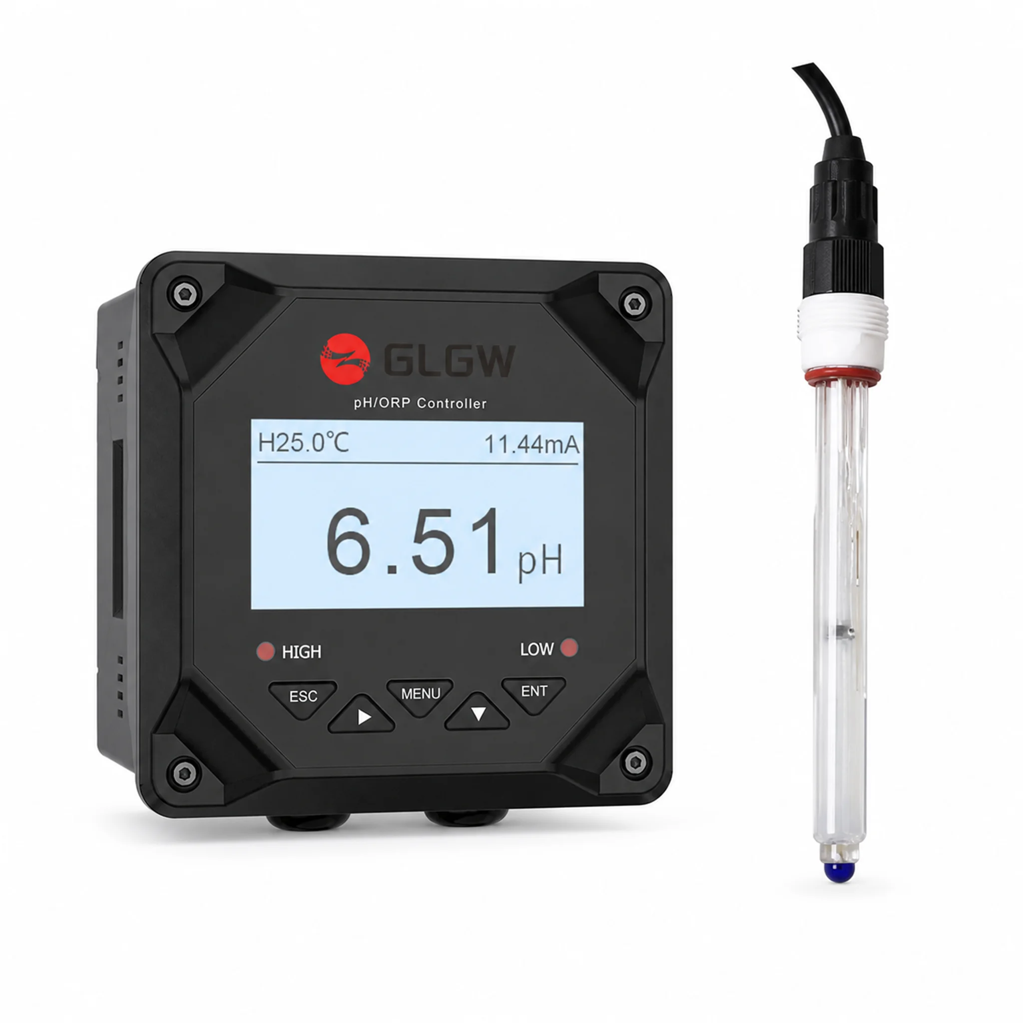 Industrial Online pH Controller with Glass Electrode 4-20mA RS485 Modbus 2 Relays Output Water Quality pH ORP Meter