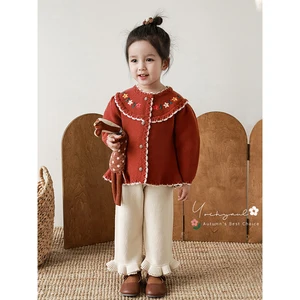 Girls Bright Contrast Color Crochet Lace Sweater 2023 Autumn New Children's Cute Floral Embroidered Top