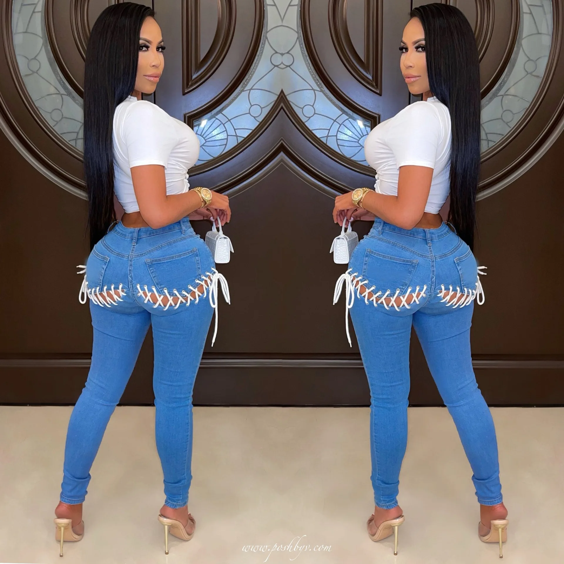 Haute couture jean pantalon déchiré jean pantalon pour femmes poches  extensible Denim pantalon lavage bleu à lacets dos jean femmes