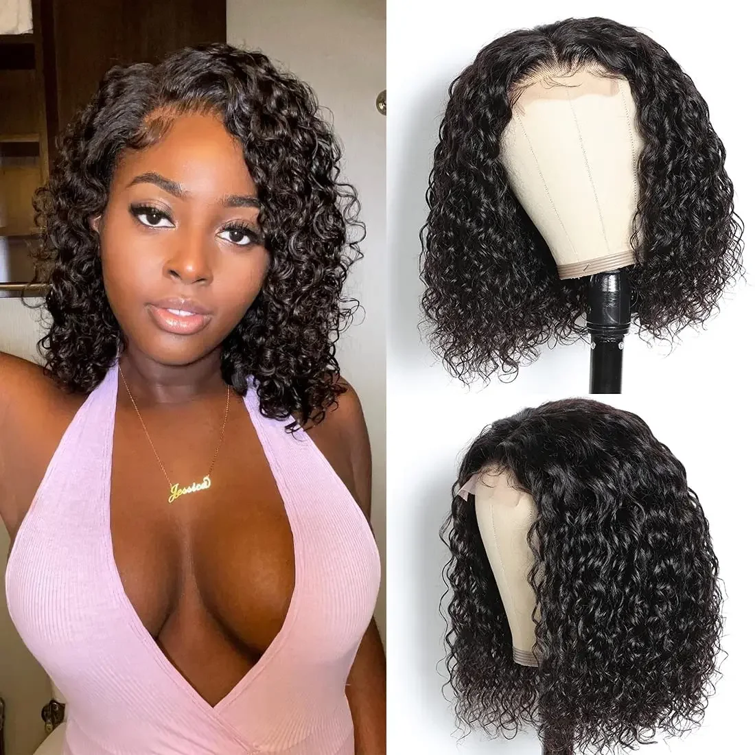 Bob Water Krøllede Parykker med Lace Frontal Ægte Hår_voghion.com