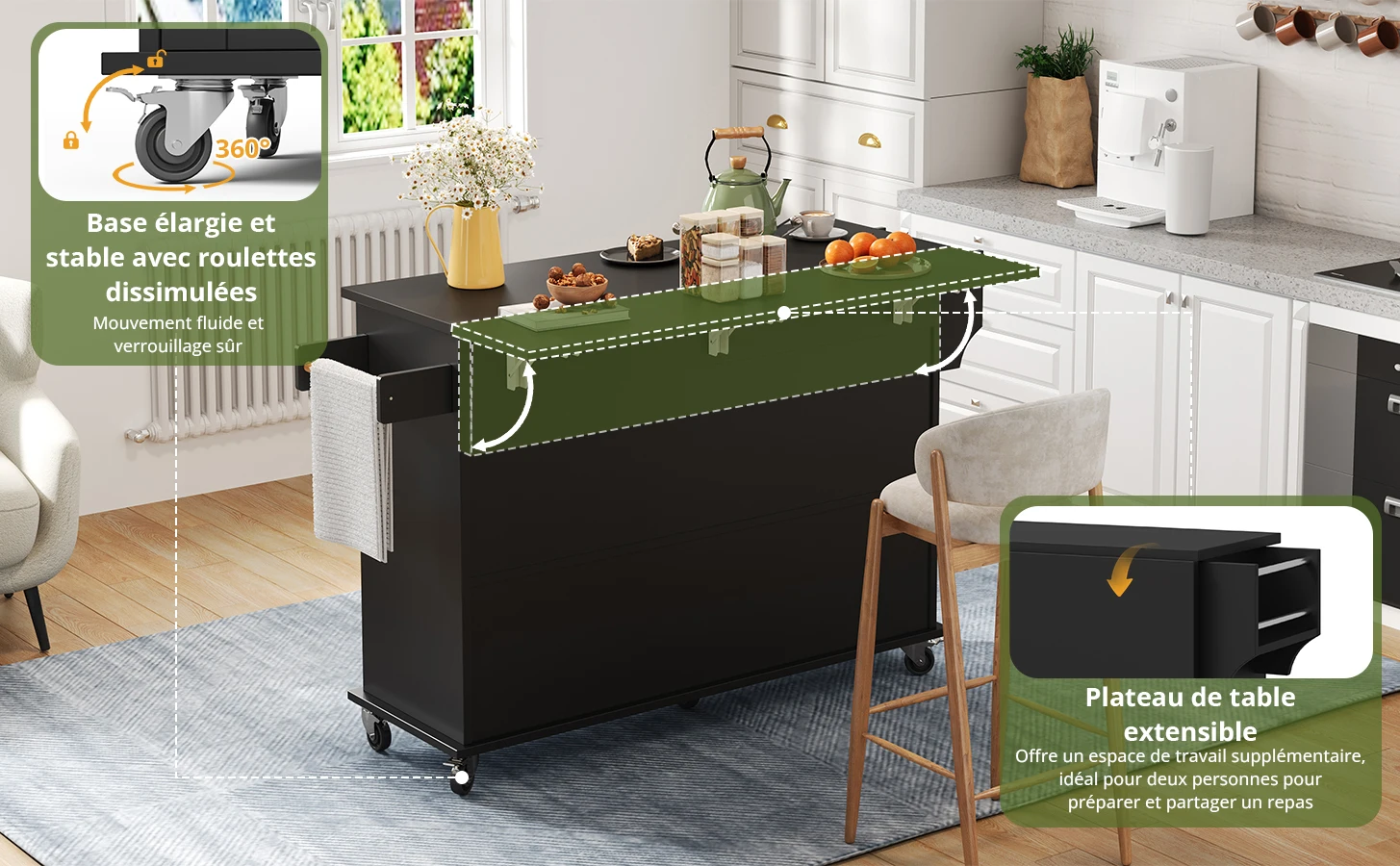 Chariot de cuisine avec plateau rabattable extensible