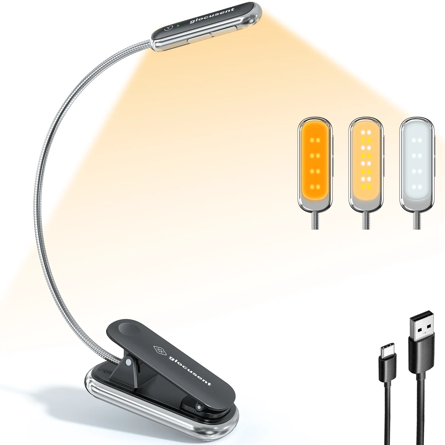 Glocusent Tricolor 5 Levels Dimmable Usb Rechargeable Flexible Led Clip