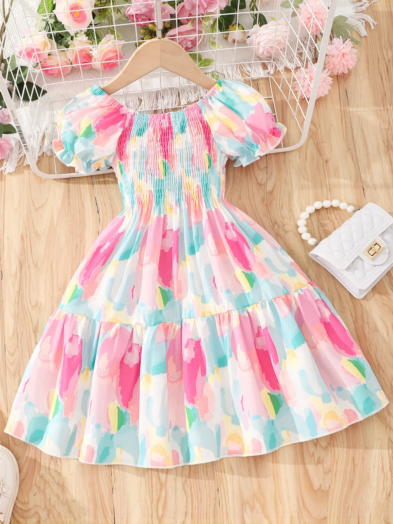 Summer Dress Kids Girl Clothes Puff Sleeve 3-8 Years Korean Style Sweet  Cute Casual Princess Party Strap Baby Girls Dresses